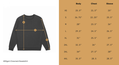 Crewneck Sweatshirt size chart